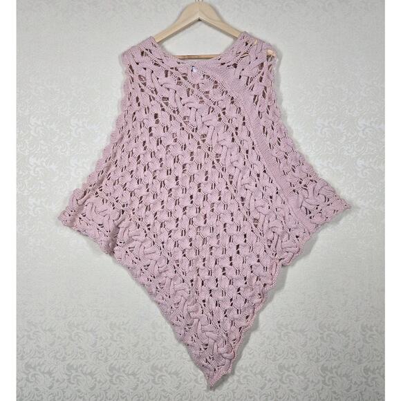Boston Proper Wool Blend Poncho sz M/L Pink Open Knit Chunky Pastel - Picture 8 of 14